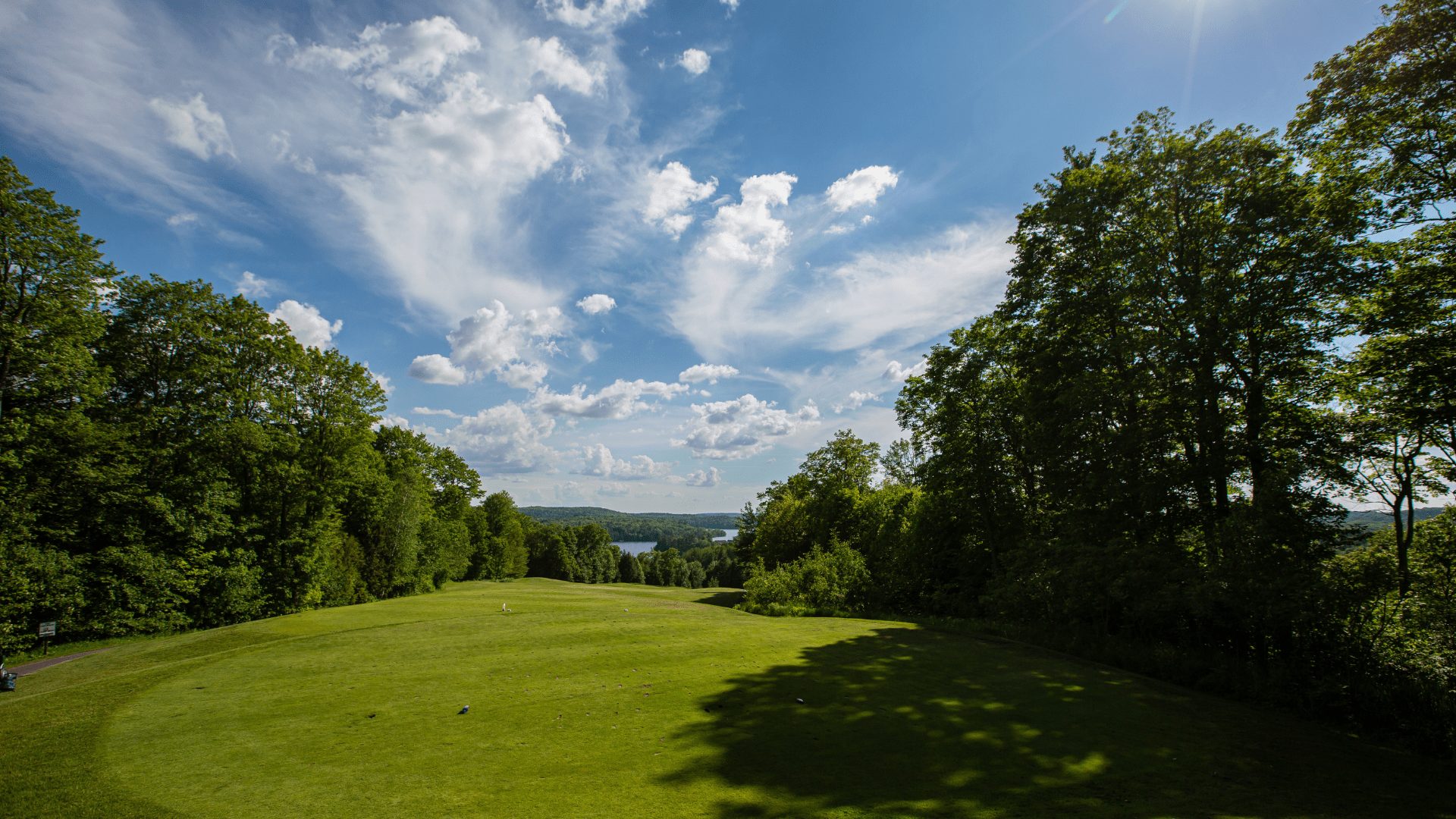 A view of trees and the lake off the tee at Deerhurst Highlands Golf Course